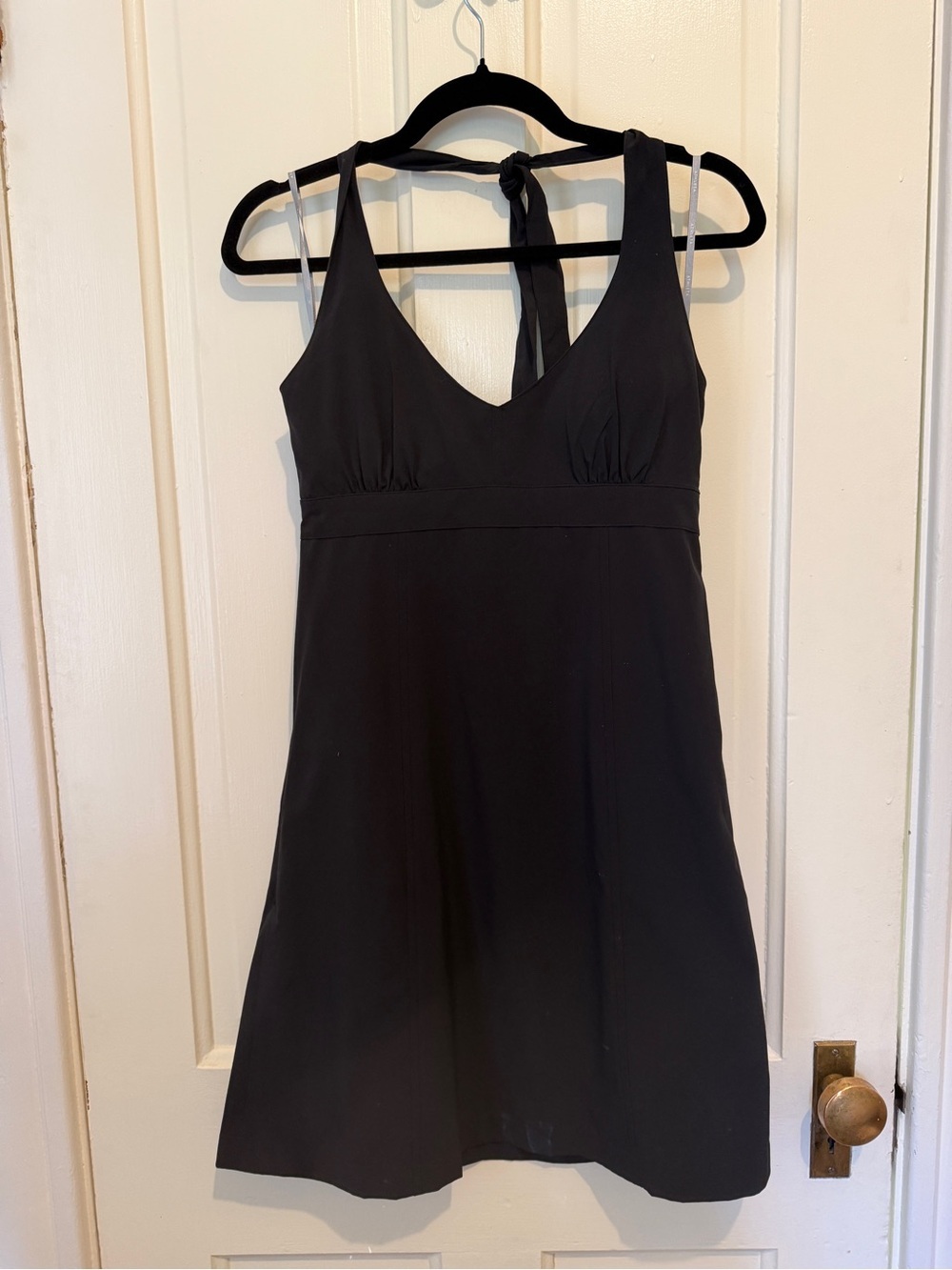 Athleta Black V-Neck Tie-Back Skater Dress - Picture 2 of 5
